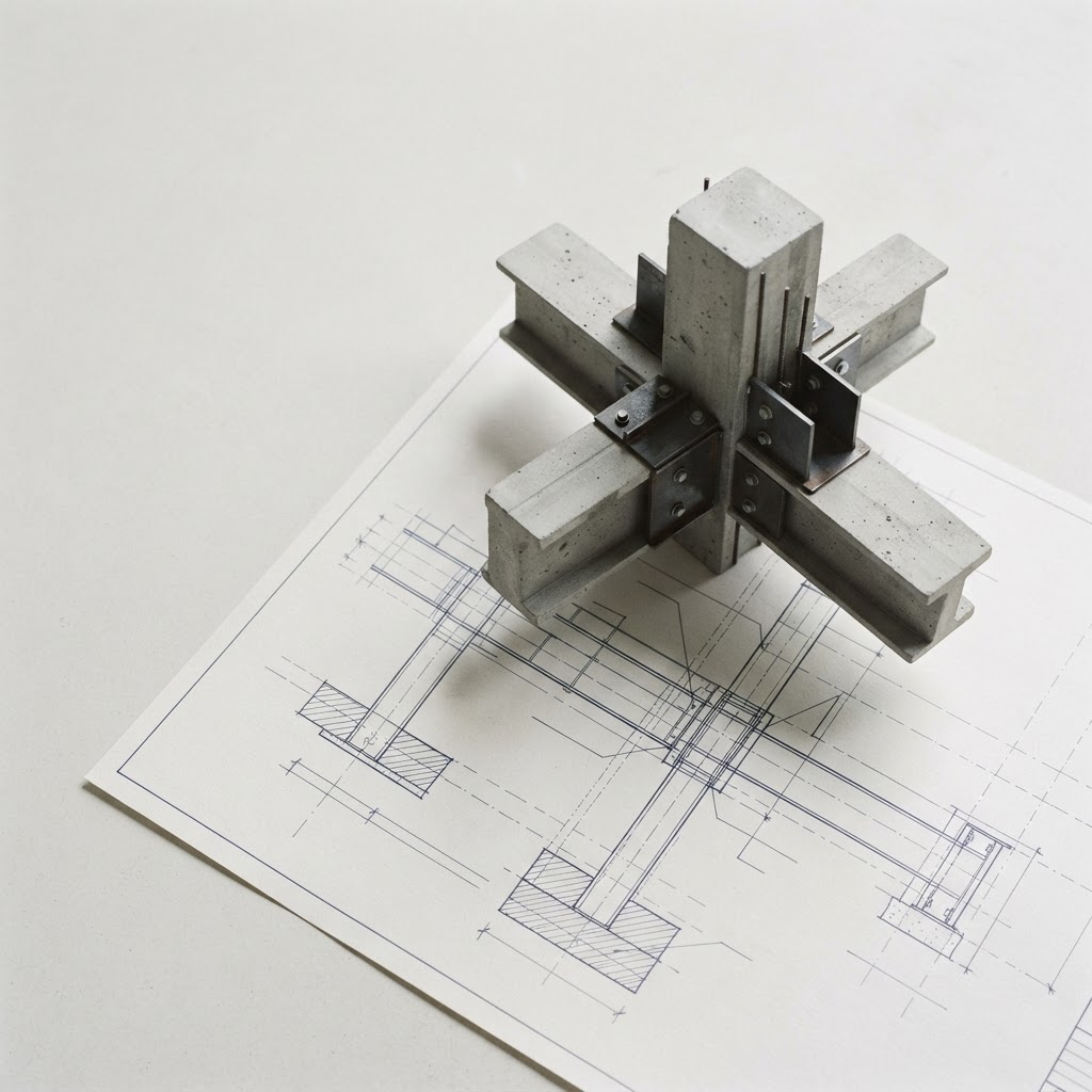 Technical blueprint overlaid with a physical concrete and steel structural model