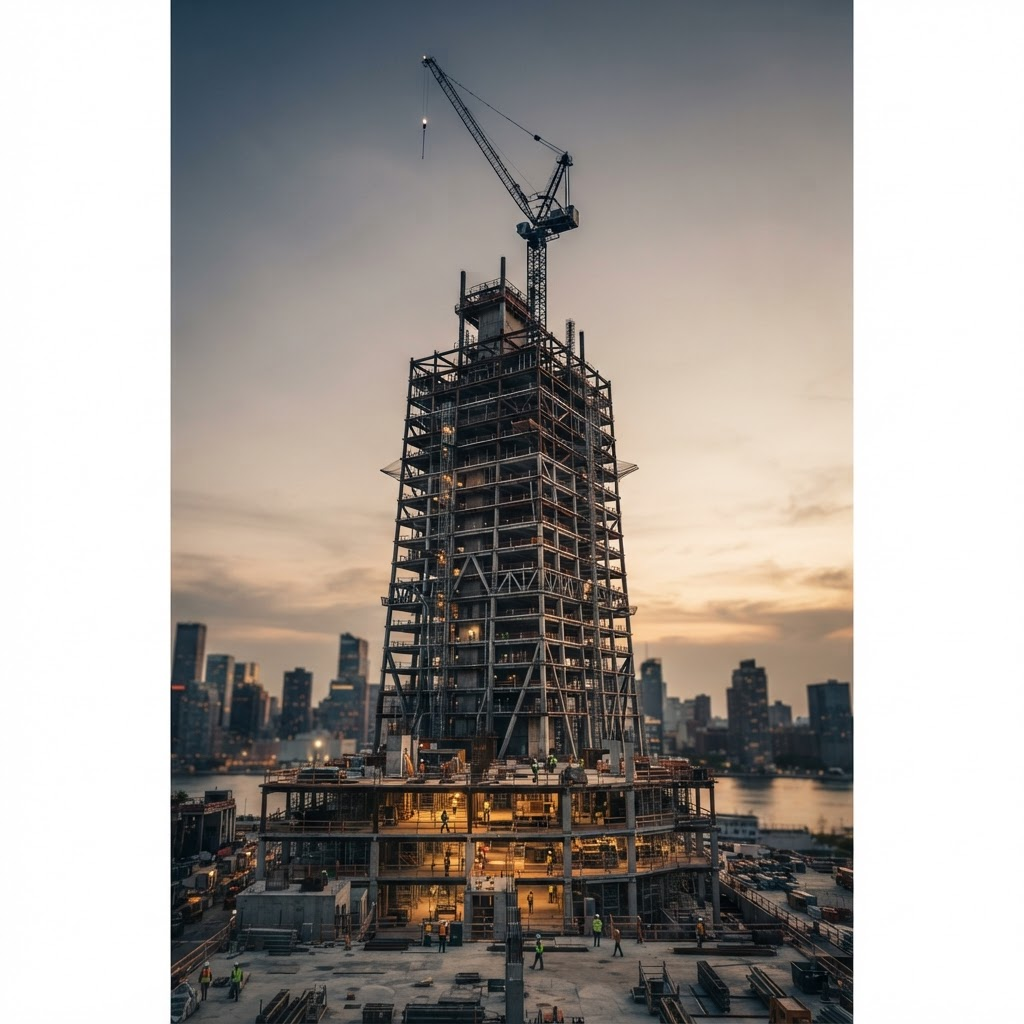 Modern high-rise structure under construction at golden hour with steel and concrete framework