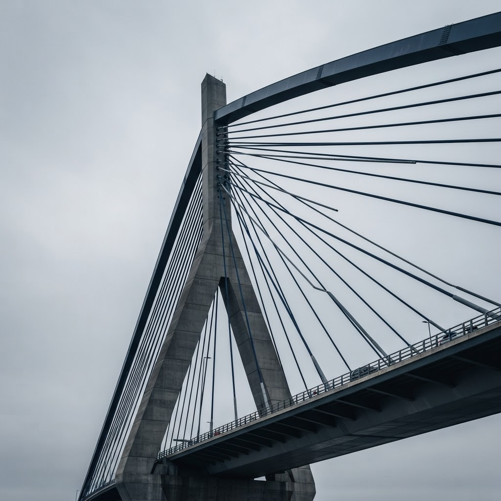 Sweeping steel and concrete infrastructure shot from a dramatic low angle against a neutral sky